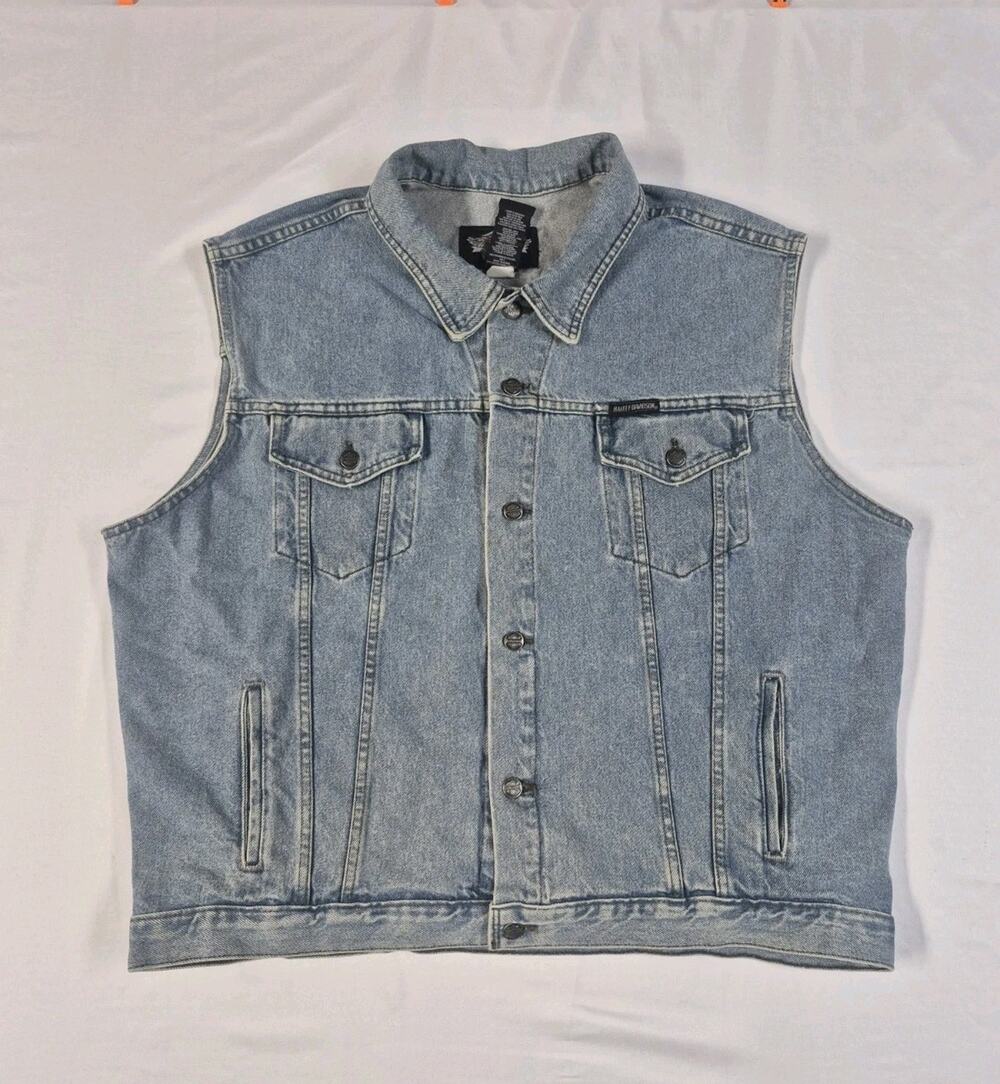 Vintage Harley Davidson Blue Denim Jean Vest Embroidered Logo Back Patch XL
